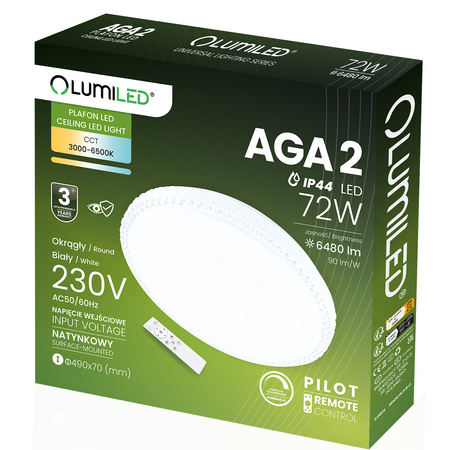 LED stropní plafon AGA2 72W IP44 CCT bílý kulatý 50cm + LUMILED PILOT