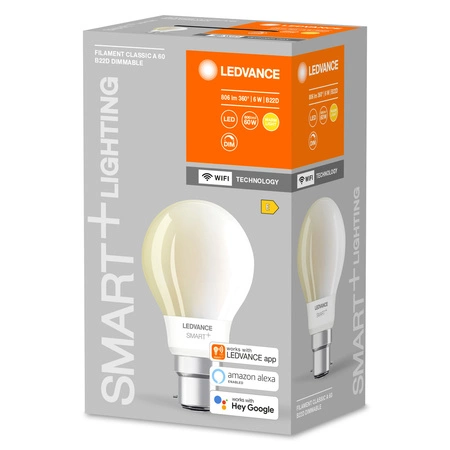 B22d A60 LED žárovka 6W = 60W 2700K Teplá bílá 806lm 300° LEDVANCE SMART+ WIFI vlákno Stmívatelné