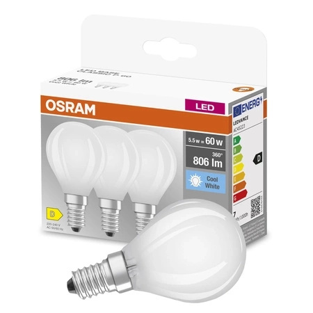 3x LED žárovka E14 P45 5.5W = 60W 806lm 4000K Neutrální bila 300° vlákno OSRAM BASE