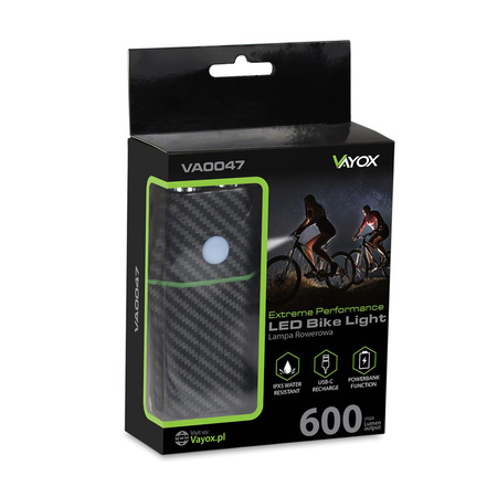 LED svítilna na kolo USB-C držák 6 režimů 600lm IP65 Funkce Powerbanka VAYOX