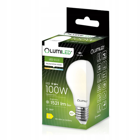 6x Žárovka LED E27, A60 11W = 100W 1521lm 4000K Neutrální bílá 360° Filament Mléčná LUMILED