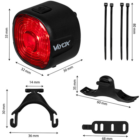 Zadní svítilna na kolo červená USB-C 6 režimů IP66 POWERFUL VAYOX