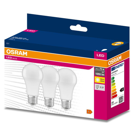 3x LED žárovka E27 A60 10W = 75W 1055lm 3000K Teplá bílá 200° OSRAM HODNOTA