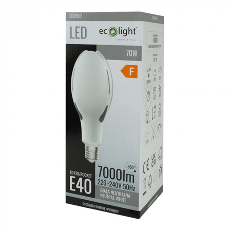 LED žárovka E40 70W 7000lm 4000K Neutral Rocket Ecolight