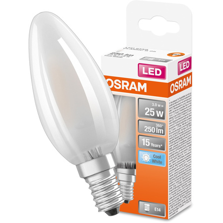 LED žárovka E14 B35 2.5W = 25W 250lm 4000K Neutrální bila 300° vlákno OSRAM STAR