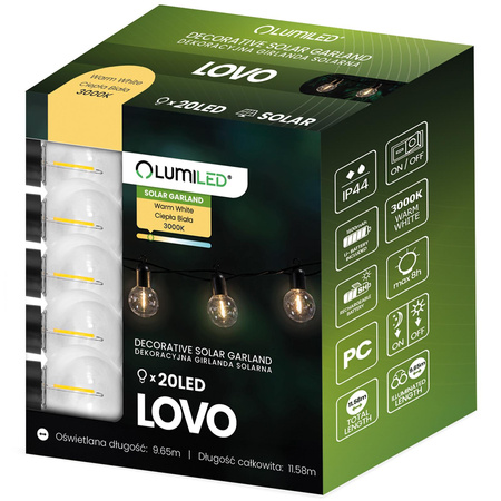 LED Solární řetěz, 20x LED Ozdobné Kuličky 11.58m 3000K Teplá bílá LOVO LUMILED