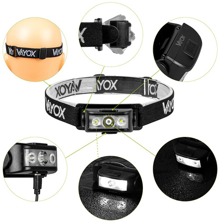Dobíjecí čelová svítilna 100lm 100LM LED + 2XLED 5 režimů VAYOX