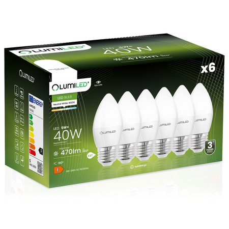 6x Žárovka LED E27, B35 5W = 40W 470lm 4000K Neutrální bílá 180° LUMILED