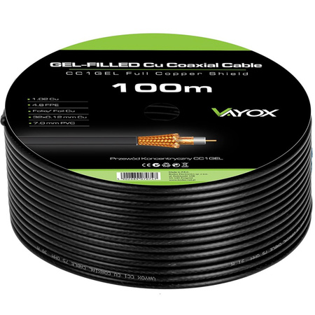 Anténní koaxiální kabel měděný gelový CU pozemní 4K Full HD černý 100M VAYOX