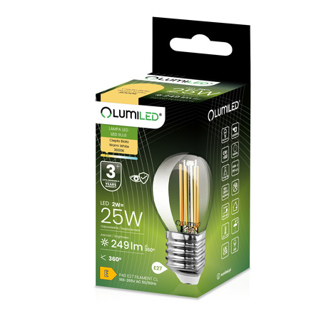6x LED žárovka E27 Ball P45 2W = 25W 249lm 3000K Warm 360° FILAMENT LUMILED