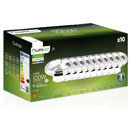 10x Žárovka LED AR111, G53 15W = 100W 1521lm 4000K 12V Neutrální bílá 24° Stříbrná LUMILED