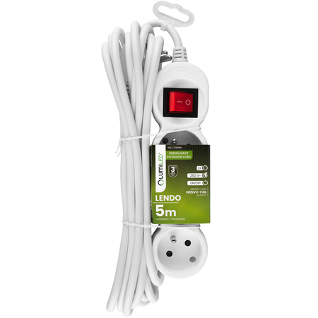 Síťový prodlužovací kabel s uzemněním 3 zásuvky 5 m vypínač bílý kabel Lendo Lumiled
