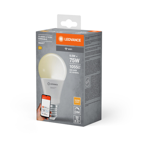 E27 A75 LED žárovka 9.5W 1055lm 2700K Teplá bílá SMART+ WiFi Stmívatelné Classic LEDVANCE