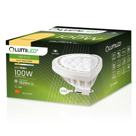Žárovka LED G53, AR111 15W = 100W 1521lm 3000K Teplá bílá 38° 12V LUMILED