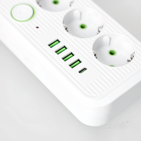 Prodlužovací kabel KOBI LINEA PRO 3x230V 5m Zem, spínač a 5xUSB Bílá
