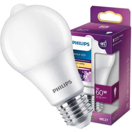 LED žárovka E27 A60 8W = 60W 806lm 2700K Teplá bílá 280° PHILIPS Pohybový a soumrakový senzor