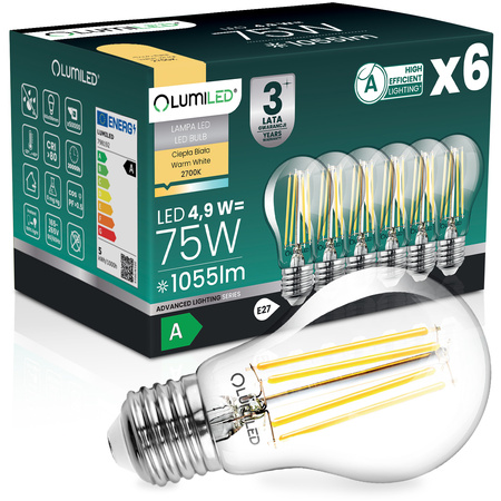 6x LED žárovka E27 A60 4,9W 1055lm = 75W 2700K teplá bílá 360° Filament energetická třída A LUMILED
