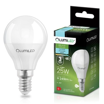 Žárovka LED E14, P40 2.5W = 25W 249lm 6500K Studená bílá 180° LUMILED