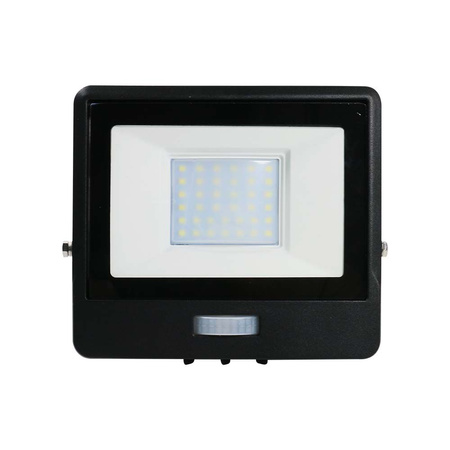 Reflektor LED 30W 2340lm 3000K IP65 Černá s tlumičem. pohybovým senzorem a funkcí CUT-OFF Samsung Chip VT-138S-B V-TAC