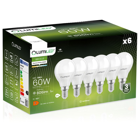 6x Žárovka LED E14, P40 8W = 60W 806lm 4000K Neutrální bílá 180° LUMILED