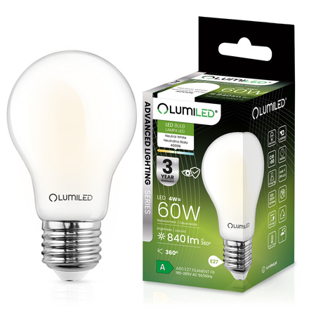 Žárovka LED E27, A60 4W = 60W 840lm 4000K Neutrální bílá 360° Skleněná Filament ALS LUMILED