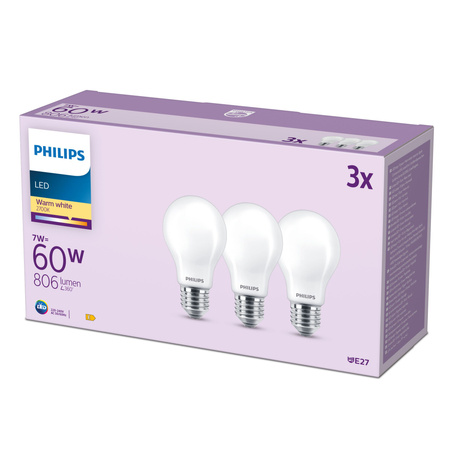 Sada 3x LED Žárovka E27 A60 7W = 60W 806lm 2700K Warm Filament Milky PHILIPS