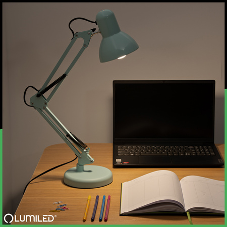 Stolní kreslící lampa E27 TOBI Pastelově modrá Lumiled + držák na desku