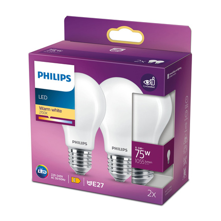 Sada 2x LED žárovka E27 A60 8,5W = 75W 1055lm 2700K Warm Filament Milky PHILIPS