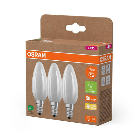 3x LED žárovka B35 Candle E14 2,2W = 40W 470lm 2700K Warm 330° 214lm/W CLASSIC ENERGY EFFICIENCY Osram