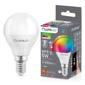 Žárovka LED E14, P40 Kulka 5W = 40W 450lm RGB Stmívatelná CCT Inteligentní TUYA WiFi SMART SAYO LUMILED