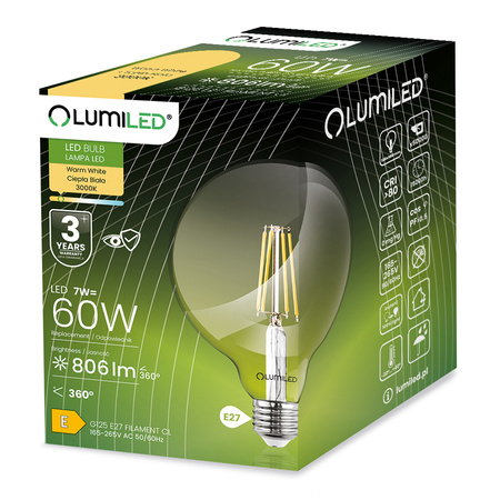 Dekorativní LED žárovka E27 G125 7W = 60W 806lm 3000K Warm 360° Filament LUMILED globe
