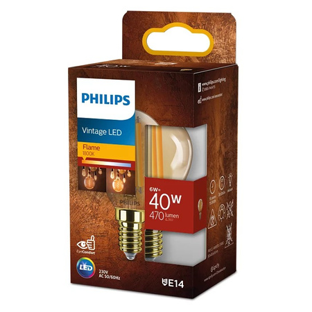 LED kulová žárovka E14 P45 6W = 40W 470lm 1800K Teplá bílá vlákno jantarové PHILIPS