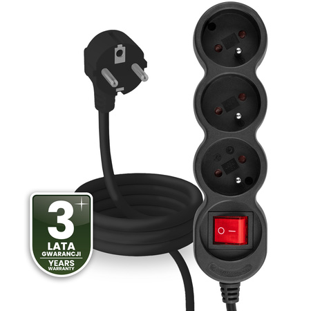 Síťový prodlužovací kabel Uzemněný napájecí pásek 3 zásuvky 1,5 m Vypínač Černý kabel Lendo Lumiled