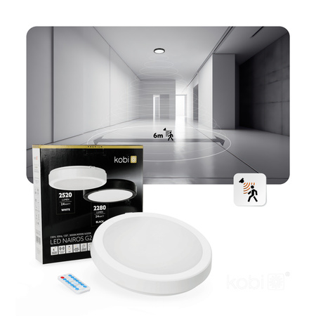 LED stropní svítidlo do koupelny s povrchovou montáží 24W 2520lm 4000K 120° se senzorem pohybu a soumraku bílé IP65 Nairos Kobi