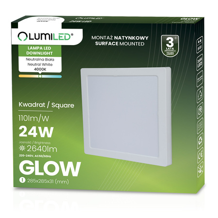 LED stropní svítidlo pro povrchovou montáž 24W Square 4000K GLOW White LUMILED