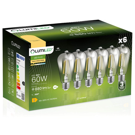 6x Žárovka LED Edison ST64, E27 8W = 60W 800lm 3000K Teplá bílá 360° Filament LUMILED