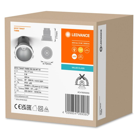 LED panelové bodové svítidlo 5W 400lm CCT Mesh White Silver Downlight Slim Ledvance