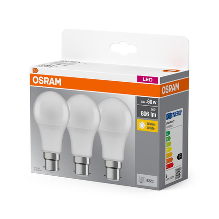 3x LED žárovka A60 B22d 8W = 60W 806lm 2700K Warm 150° BASE Osram