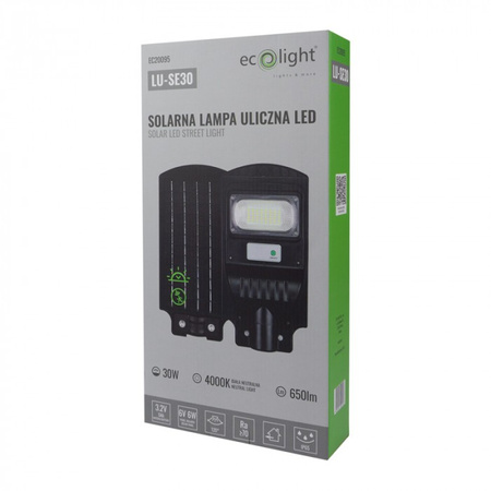 LED solární pouliční lampa 30W 650lm 4000K neutrální IP65 se senzorem pohybu a soumraku ECONOMY Ecolight
