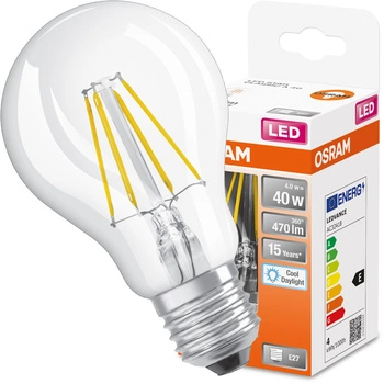 LED žárovka E27 A60 CL 4W = 40W 470lm 6500K Studená bílá 300° vlákno OSRAM STAR