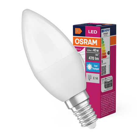 LED žárovka B37 Candle E14 4,9W = 40W 470lm 6500K Cold 180° VALUE CLASSIC Osram