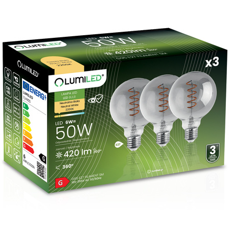 3x LED žárovka E27 Sphere G95 6W = 50W Dekorativní 360° LUMILED