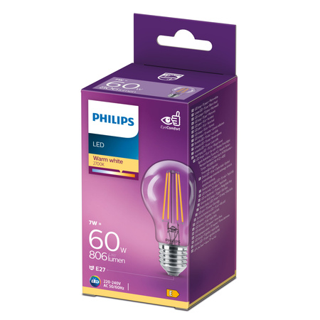 LED žárovka E27 A60 7W = 60W 806lm 2700K Teplá bílá vlákno PHILIPS