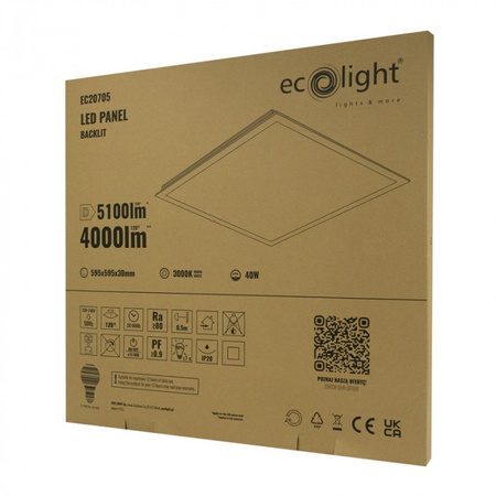 LED panel 60x60 pro zapuštěnou montáž 40W 5100lm 3000K teplá bílá podsvícený Ecolight