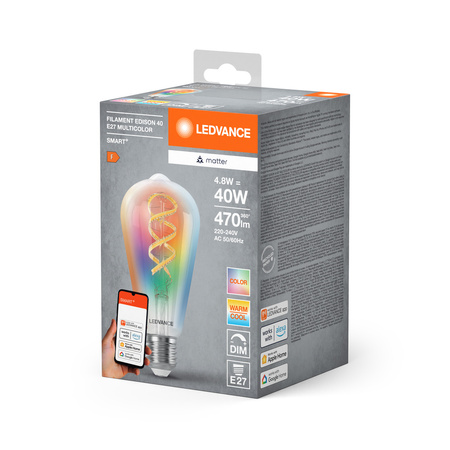 LED žárovka E27 4,8W = 40W 470lm RGBW CCT Stmívatelná SMART+ WiFi Filament Edison Ledvance