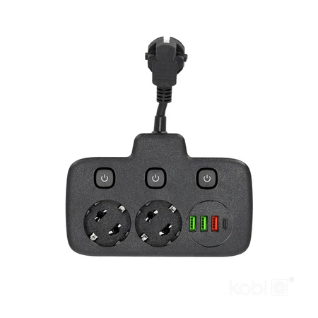 KOBI LINEA FL rozbočovač 2x230V země, 3 přepínače 4xUSB černá