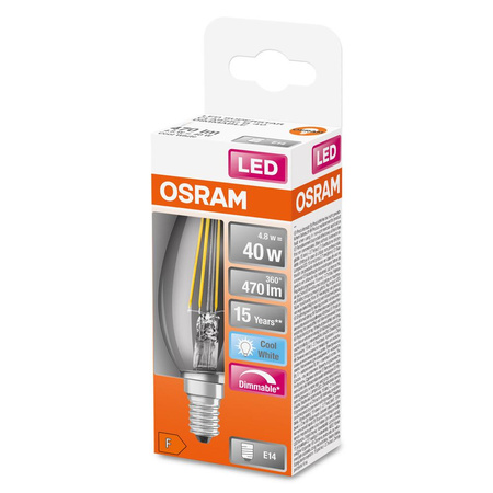 E14 B35 LED žárovka 4.8W = 40W 470lm 4000K Neutrální bila 300° vlákno OSRAM SUPERSTAR Stmívatelné