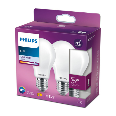 Sada 2x LED žárovka E27 A60 8,5W = 75W 1055lm 4000K neutrální vlákno mléčné PHILIPS