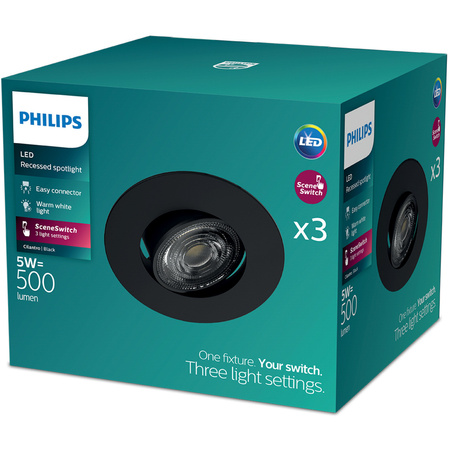 3x LED vestavné svítidlo 5W 500lm 2700K Warm Moving Round Black Stmívatelné 3STEP SceneSwitch Cilantro Philips