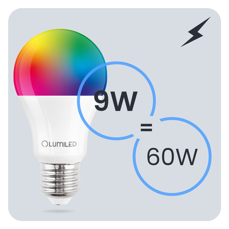 3x LED žárovka E27 A60 9W = 60W 806lm 6500K + RGB Multicolour 260° stmívatelná Pilot LUMILED